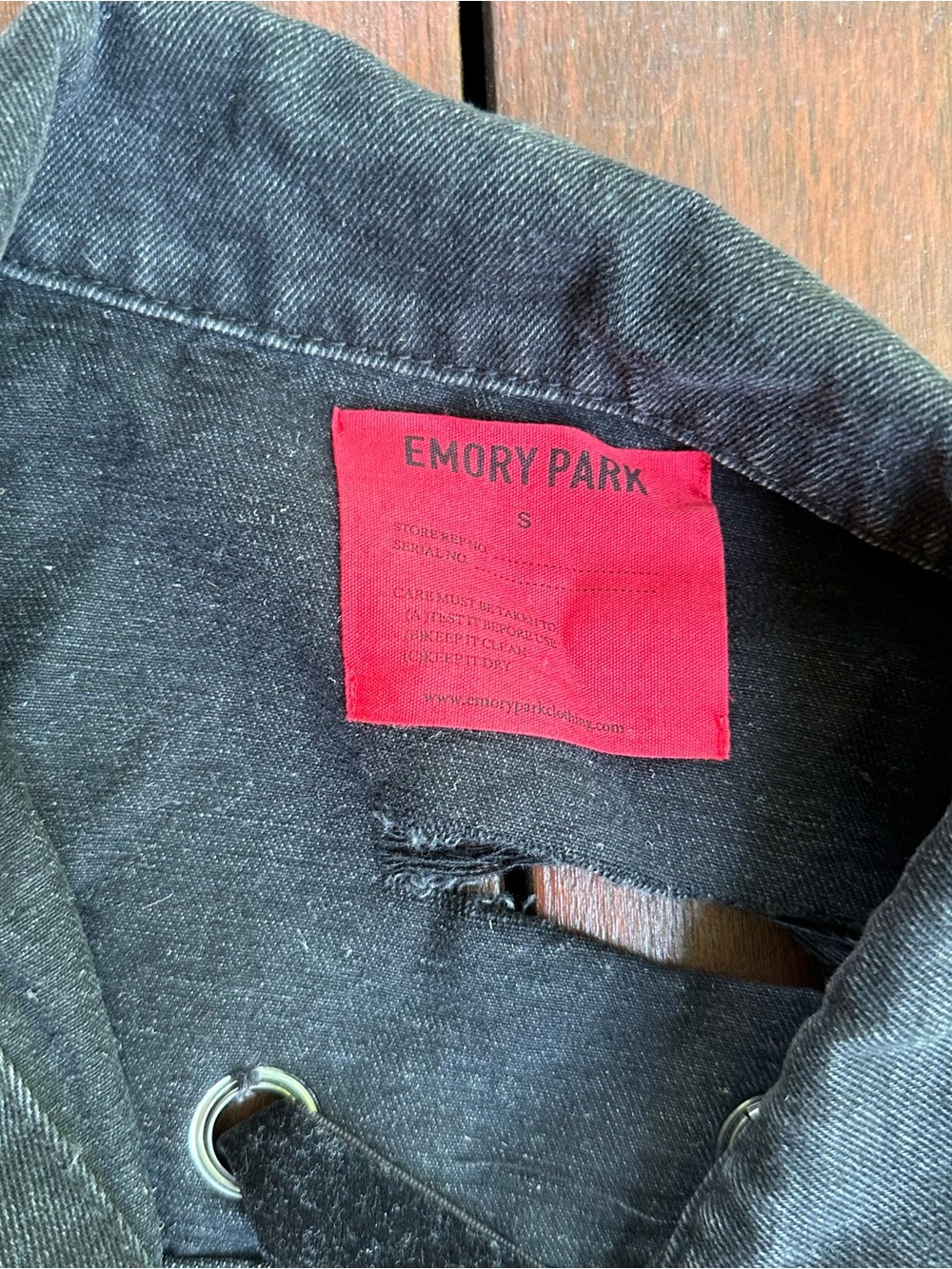 Emory Park Black Distressed Denim Jacket Lace-Up Back Cropped Trucker Sz S